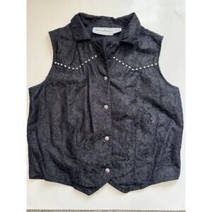 Vintage Adobe Rose Black Floral Lace Vest Studs Western Festival Women's Large